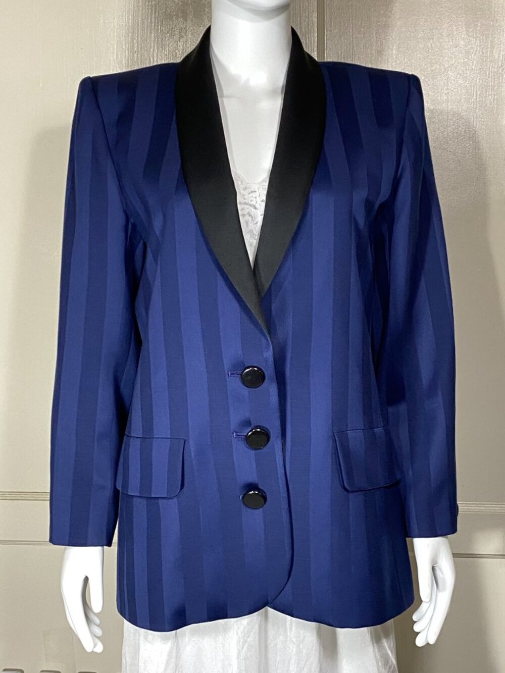 VINTAGE Yves Saint Laurent YSL France Encore Blazer 38 6 Blue Black Stripe Wool